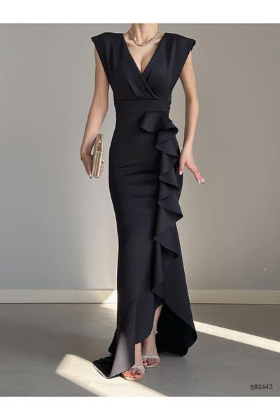 rengamoda Women's Crepe Fabric Collar Skirt Flounced Evening Dress