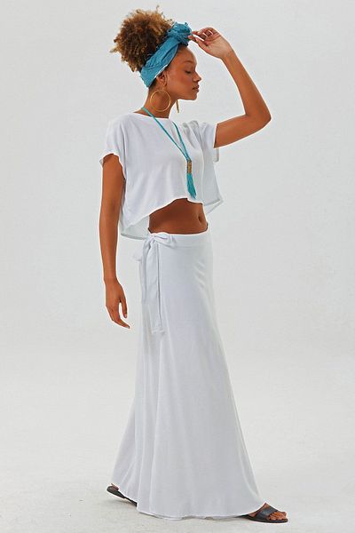 Clandestino Καγιάκ λαιμόκοψη Oversize Summer Crop Bohemian Μπλούζα Λευκή