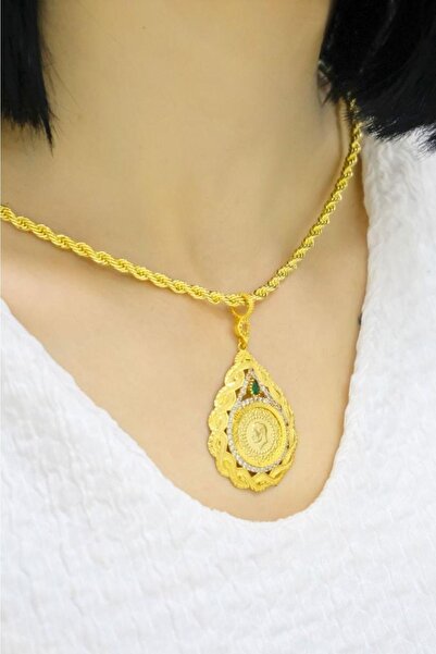 aytekgold Çeyrekli Zümrüt Taşlı Damla Burgu Kolye