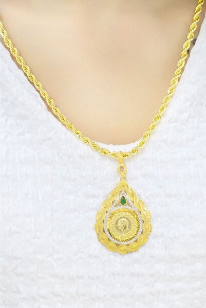 aytekgold Çeyrekli Zümrüt Taşlı Damla Burgu Kolye