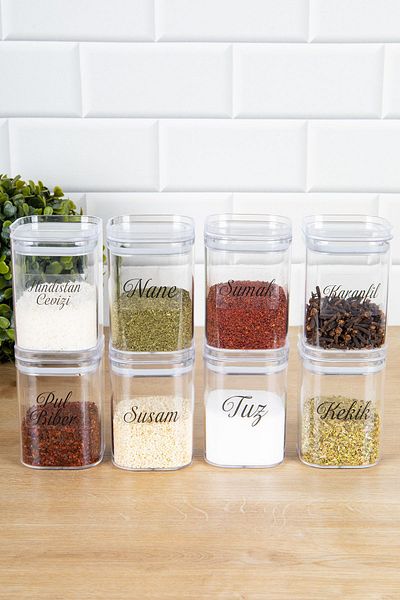 DNS HOME 8-Piece 200 ml Acrylic Spice Jar Set with Vacuum Lid Storage Container Jar with Transparent Label Gift
