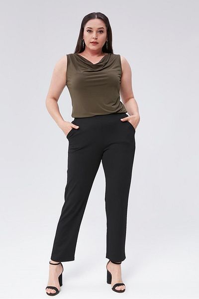 Seamoda Large Size Black Crepe Skuba Trousers - Carrot Cut, Elastic Waist, Pockets