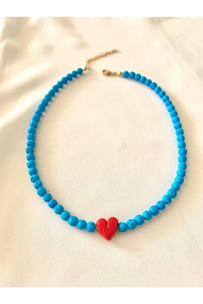 Atelier Çağla قلادة من حجر الحمم البركانية الأزرق مع خرز قلب مورانو أحمر