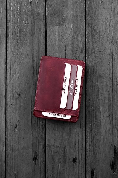 Modica Zona - Real Leather Burgundy Card Holder Wallet with Paper Money Compartment and ID Card Compartment