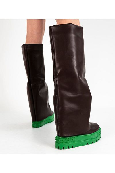 Sibel Durmaz Si̇ena Long Brown Green Hidden Wedge Heel Boots