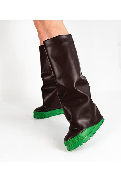 Sibel Durmaz Si̇ena Long Brown Green Hidden Wedge Heel Boots