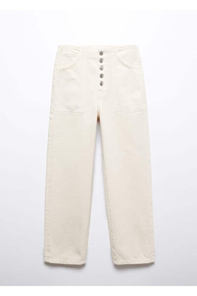 MANGO Woman Düğmeli, crop düz kot pantolon