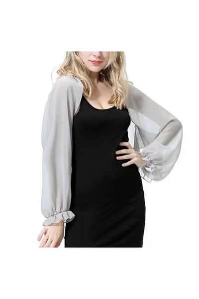 es moda shop Gray Chiffon Moni - Ruffled Sleeve and Shawl Opening