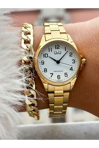 Q&Q Yellow Color, Steel Strap, Numeral Women's Wristwatch + Bracelet
