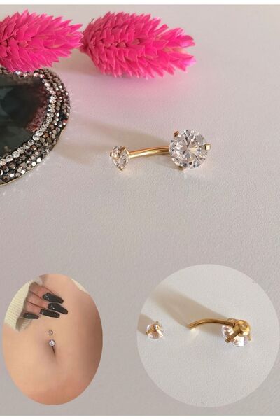 Bylin %100 Cerrahi Çelik Zirkon Taşlı Göbek Piercingi- Bar Uzunluğu 10 Mm - 1 Adet