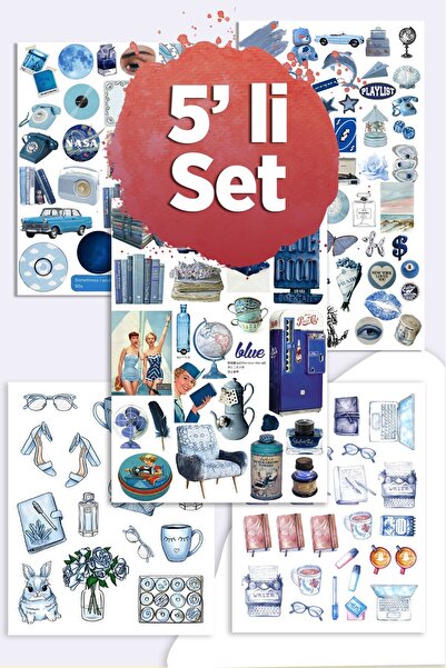 LiyaCraft Blue Temalı 5'li Sticker Planner Ajanda Bullet Journal Için Uygun Set