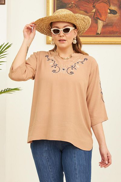 RMG Plus Size Mink Blouse with Embroidery Detail