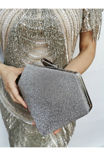 NAZART Women's Big Stone Look Platinum Evening Clutch Chain Strap Handheld Wedding Engagement Night Shoulder Bag