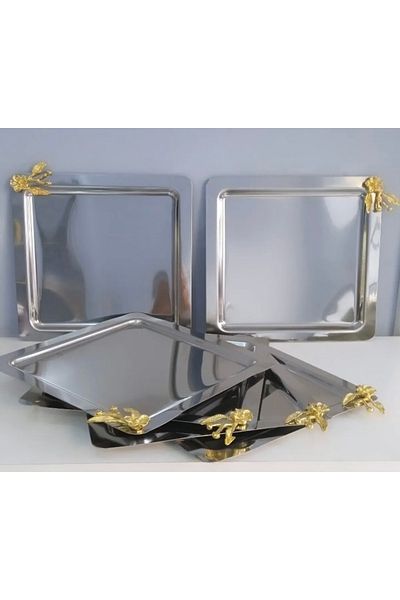 AZRAM HOUSE Stainless Steel Square - Serving and Presentation Tray with 6 Japanese Roses