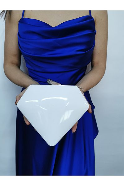NAZART Γυναικείο λουστρίνι λευκό βραδινό φόρεμα Clutch Portfolio Chain Strap Hand Wedding Engagement Night Shoulder Bag