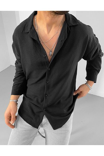 King Brothers Μαύρο λινό Look Oversize πουκάμισο Ayrobin - Λεπτό καλοκαιρινό