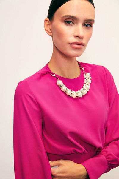Sateen Crop Blouse with Necklace Detail - Fuchia