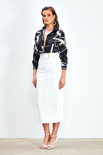 Sateen Fusta Midi cu Detaliu Buton - ECRU