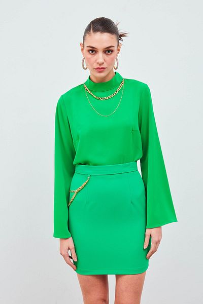 Sateen Mini Skirt with Chain Accessories - Green