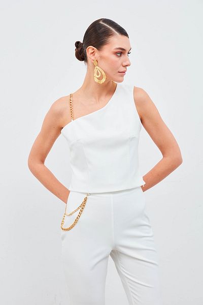 Sateen Chain Strap Detailed Crop Blouse - Ecru