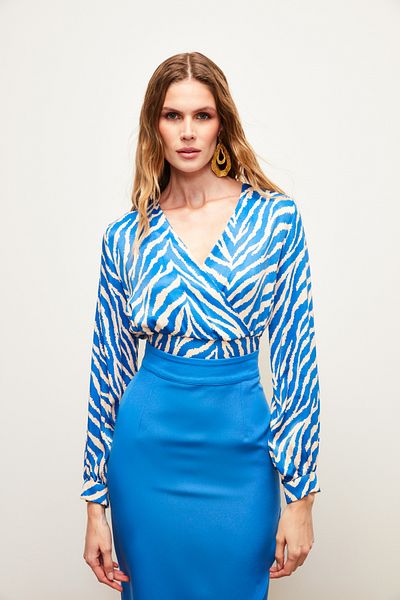 Sateen Double Breasted Zebra Patterned Satin Blouse - Sax Blue