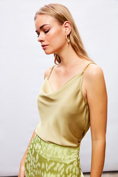 Sateen Satin Chain Strap Blouse - OLIVE