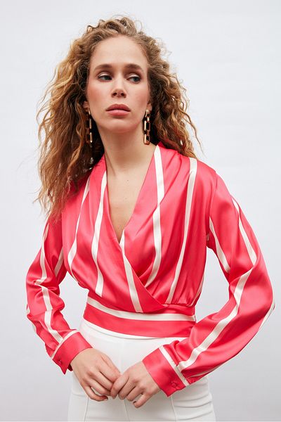 Sateen Double Breasted Neck Striped Blouse - Fuchsia