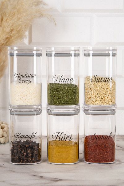 DNS HOME 6-Piece Vacuum Lid Acrylic Mica Spice Jar Storage Container Black Labeled Spice Jar Set 250 ml