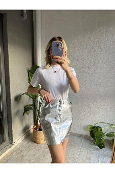 Dk Picck Upp Shiny Silver Leaf Detailed Skirt