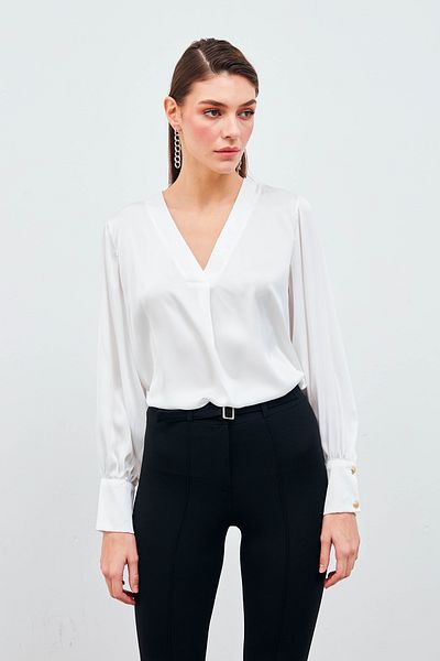 Sateen V-Neck Satin Blouse - Ecru