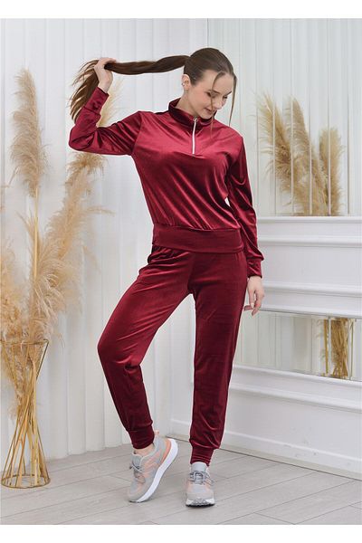 Nuseel Collared Half Zipper Velvet Set Burgundy Color