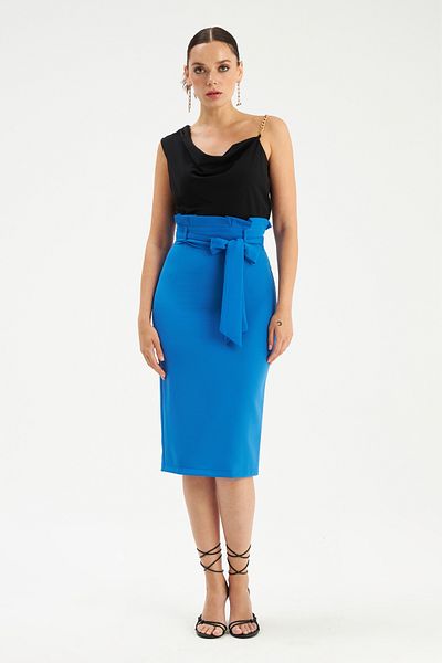 Sateen Belted Pencil Skirt Sax Blue