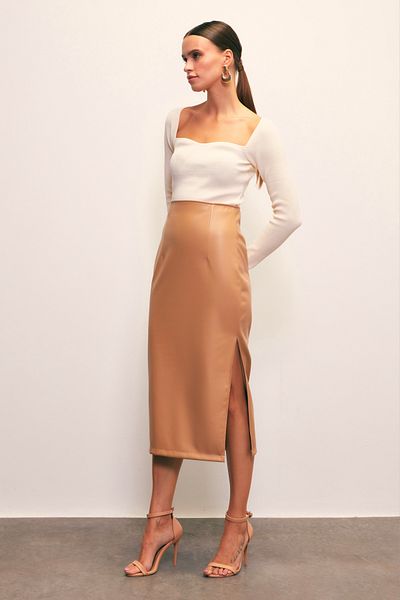 Sateen Leather Skirt with Side Slits - Camel