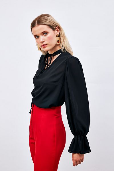 Sateen Casual Blouse with Collar Tie Detail - BLACK
