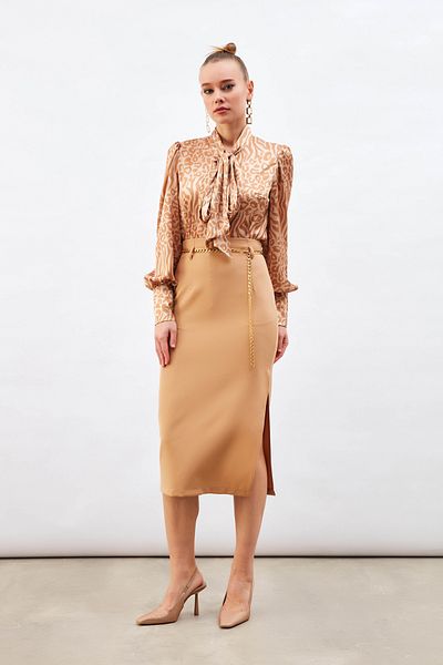 Sateen Camel Chain Belted Pencil Skirt