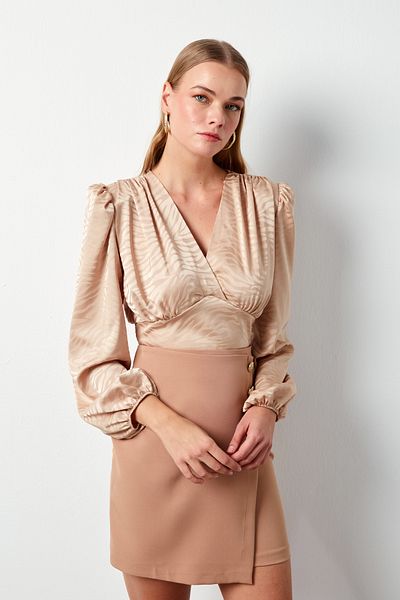 Sateen CAMEL Patterned Double-breasted Satin Blouse
