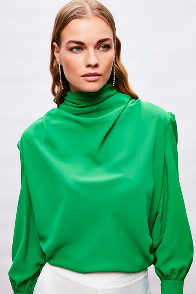 Sateen Drape Detailed Blouse - Green