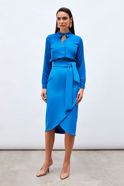 Sateen Belted Pencil Skirt - Sax Blue