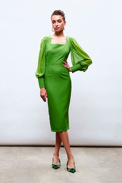 Sateen Chiffon Sleeve Crepe Dress - GREEN