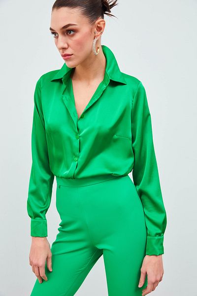 Sateen Shirt Collar Satin Bodysuit Blouse - Green