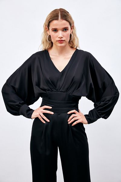 Sateen Bluză cu mâneci largi din satin negru