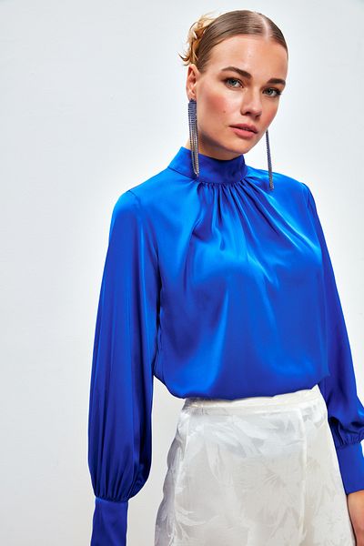 Sateen Bluză din satin - Detaliu guler, ALBASTRU SAX