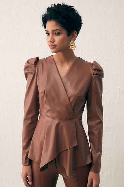 Sateen Double Breasted Leather Blouse - Brown