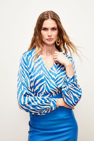 Sateen Double Breasted Zebra Patterned Satin Blouse - Sax Blue