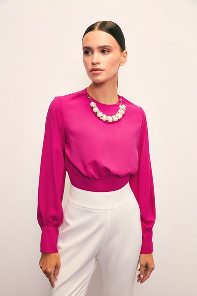 Sateen Crop Blouse with Necklace Detail - Fuchia