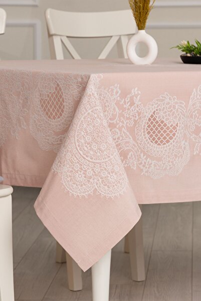 Tropikhome Pano Lace Pamuklu Masa Örtüsü 8 Kişilik 150x220 Cm Masa Örtüsü Pudra