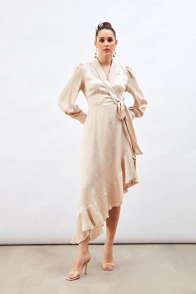 Sateen Jacquard Asymmetrical Dress - Beige