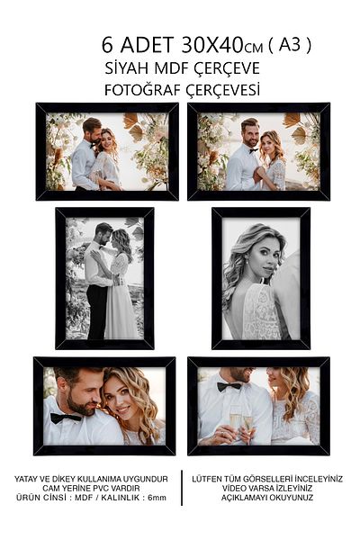Bytwo 6 PCS 30X40 FRAME BLACK MDF MULTIPLE PHOTO FRAME