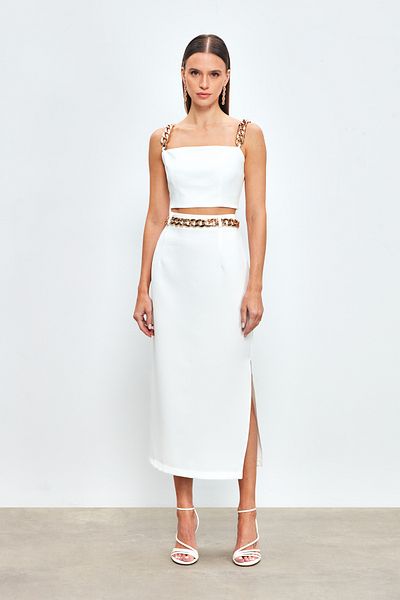 Sateen Pencil Skirt with Chain Belt - Ecru