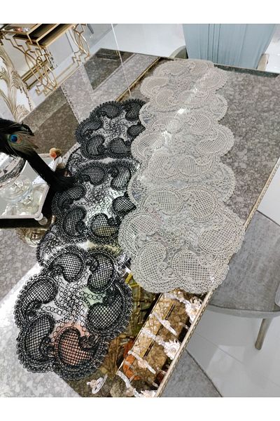 CAMİNHO DA LUA Preșă de loc cu design special de broderie Runner Nehir Set de masă și prezentare Suport de zestre negru